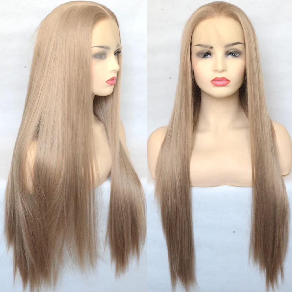 Voguequeen Honey Ash Blonde Color Synthetic Lace Front Wig Long Silky Straight Heat Resistant Fiber Daily Wear For Women