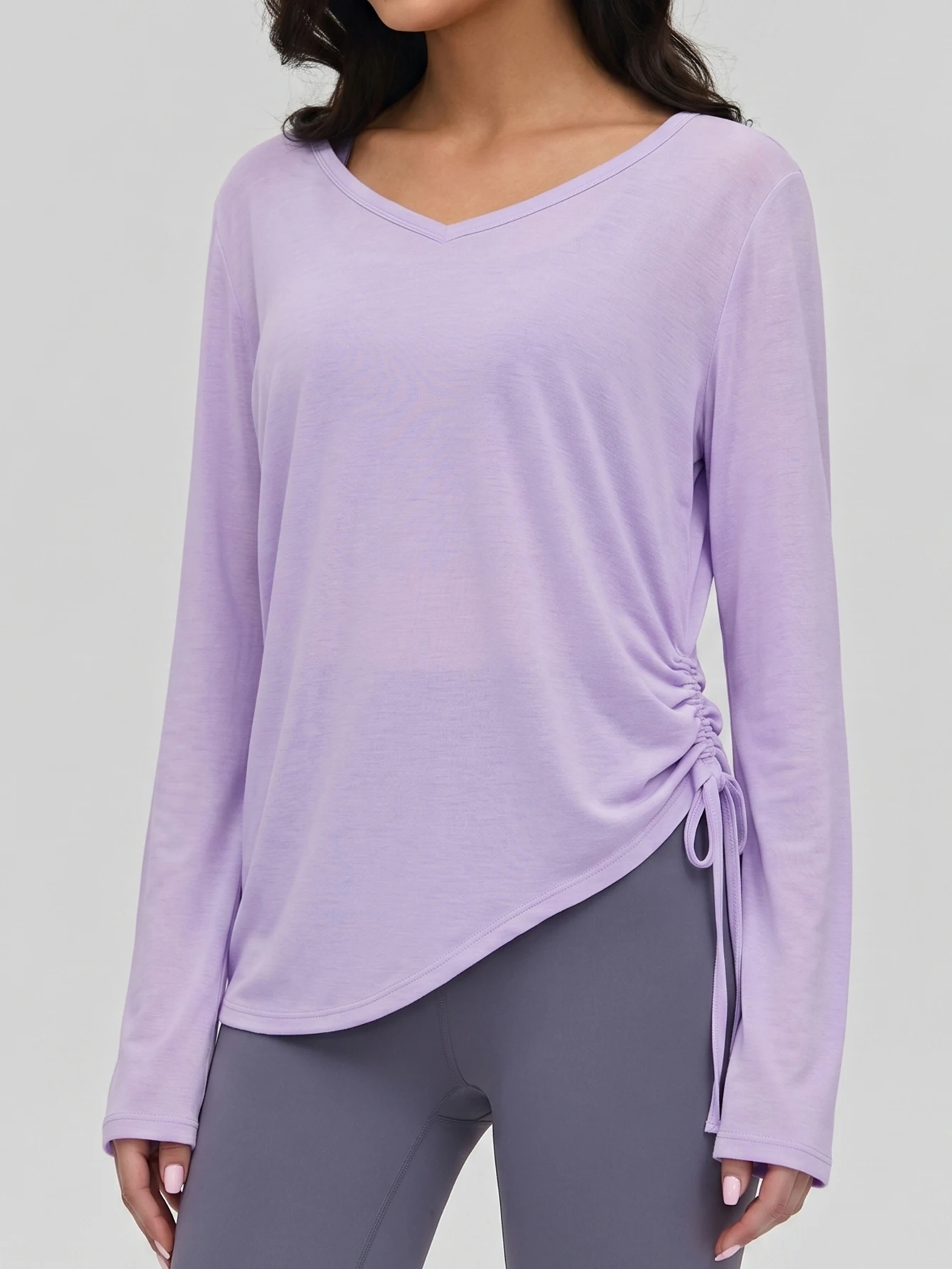 Women's V Neck Long Sleeve Yoga Top, Side Drawstring Ruched Asymmetric Hem Casual Athletic Workout Layering Shirt
