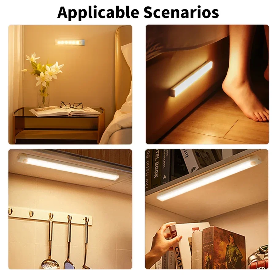 10-50cm Motion Sensor LED Bar Light Wireless Rechargeable Night Light Bedroom Kitchen Stair Hallway Wardrobe Closet Cabinet Lamp