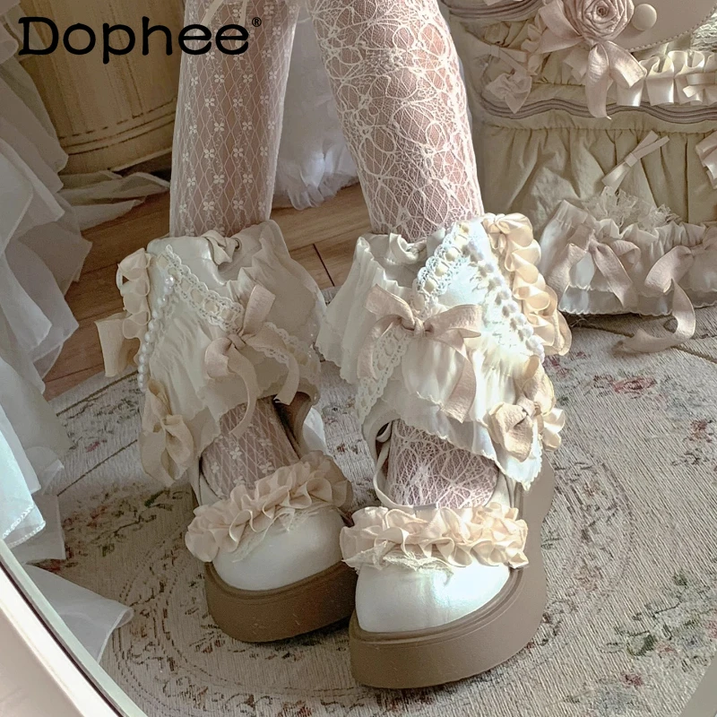 

Original French Elegant Retro Short Boots Autumn and Winter New Girls' Women Cute Bow Sweet Lolita Snow Boots Y2k Pumps 2025