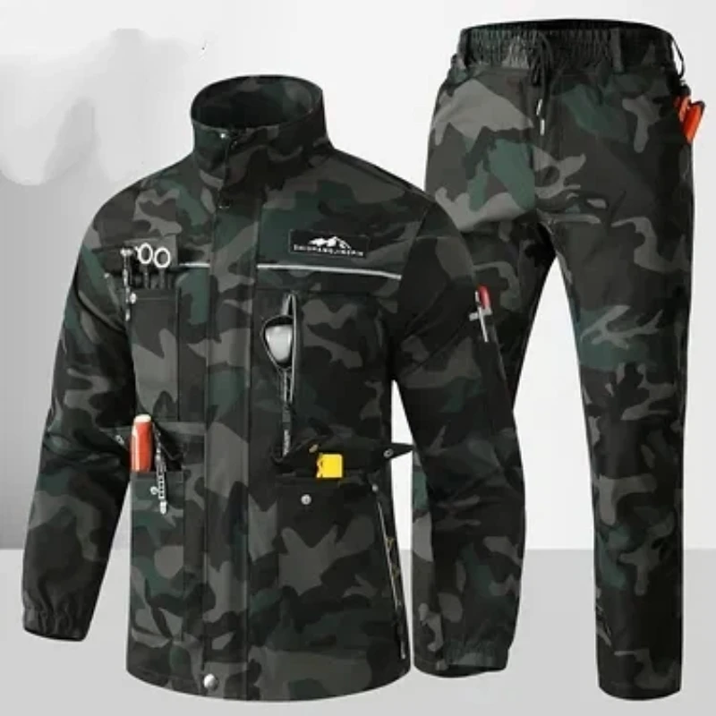 Men Stretch Water Resistant Camo Workwear Set Reflective Strip Stand Collar Jacket And Multi Pocket Cargo Pants