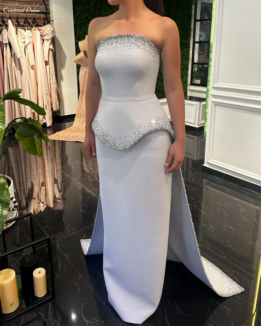Contessa Aangepaste avondjurk galajurk bruiloftsgastjurk elegante strapless mouwloze schede maxi crêpe kralen peplum feest
