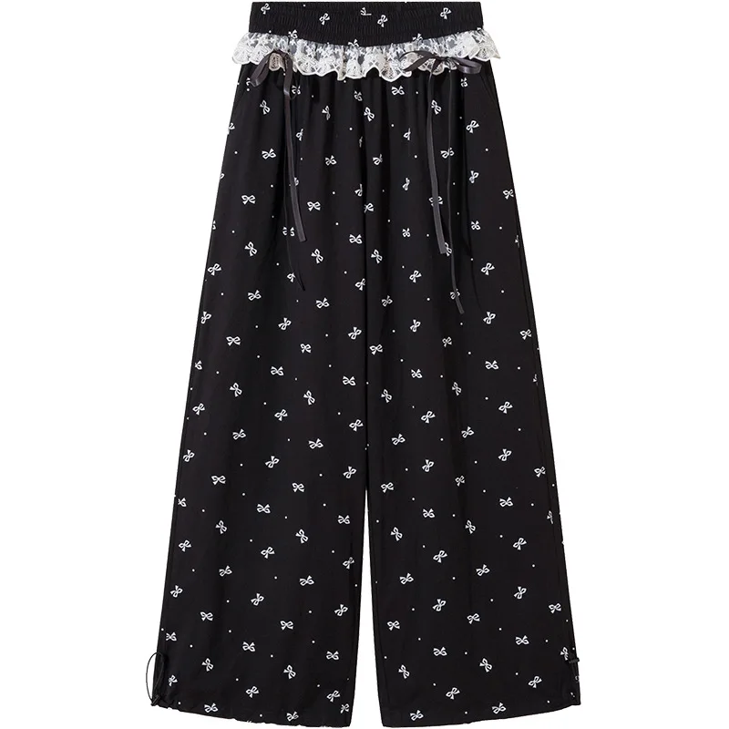 Black Bow Lace Wide Leg Pants For Women 2024 Summer New Polka Dot Print High Waist Slimming Casual Long Pants