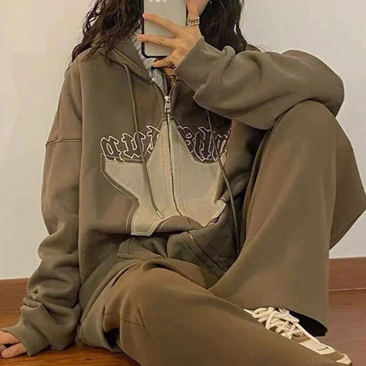 Herfst Winter Fleece Warme Hoodie Mode Ster Borduurwerk Capuchon Sweatshirts Met Lange Mouwen Y 2K Topzakken Oversized Hoodies Met Rits