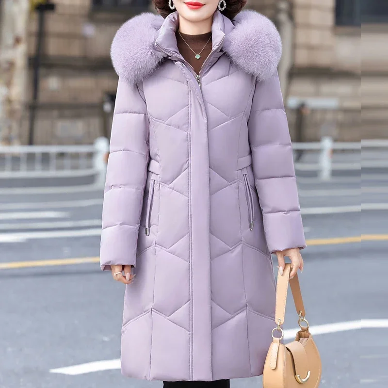 Real Fur Collar Middle Age Women's Puffer Jackets Winter Vintage Prakas Elegant Thick Warm Long Down Coats Woman Outerwears