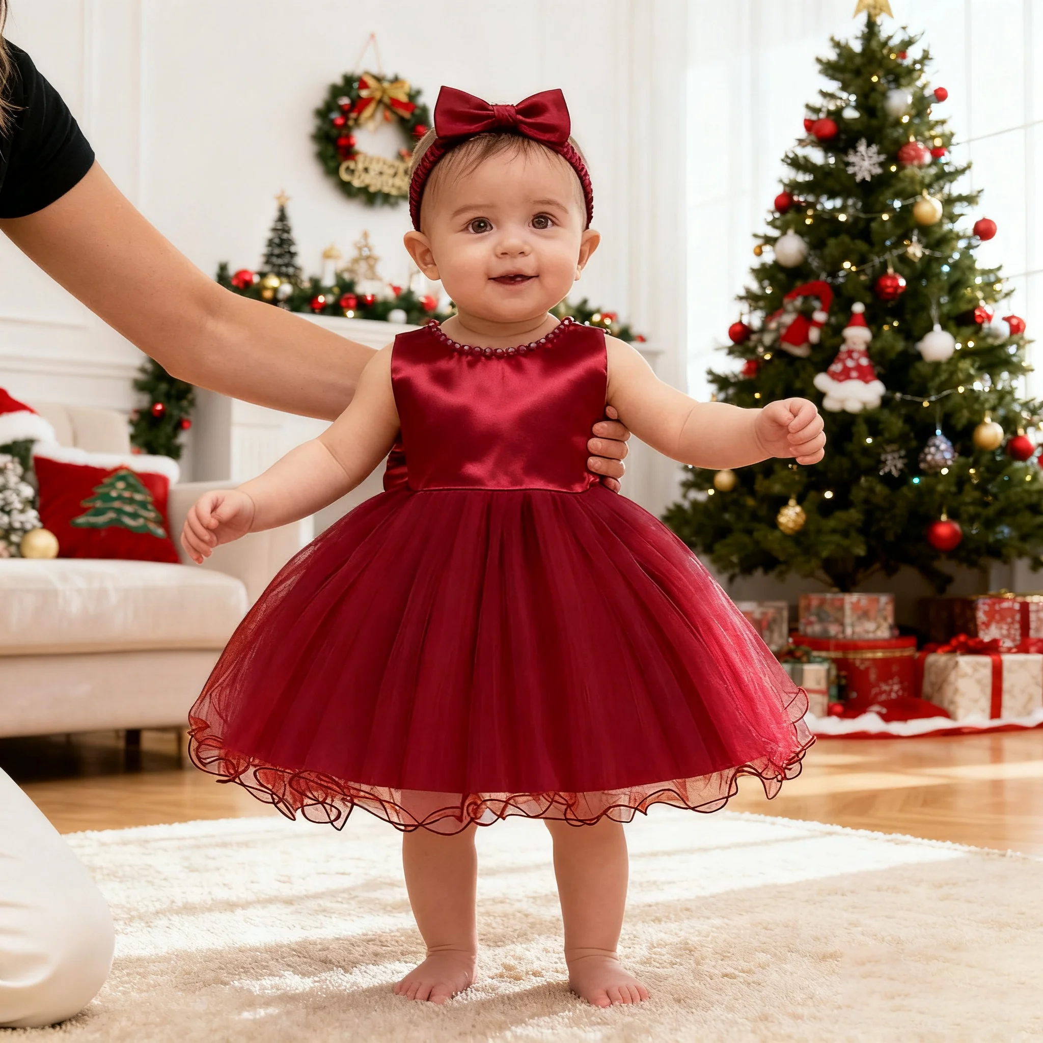 

Xmas Baby Girl Tutu Peals Ball Gown Merry Christmas Lace red baby Dresses with Headwear child clothing 0 2 3 4 5 6 9 12 18months