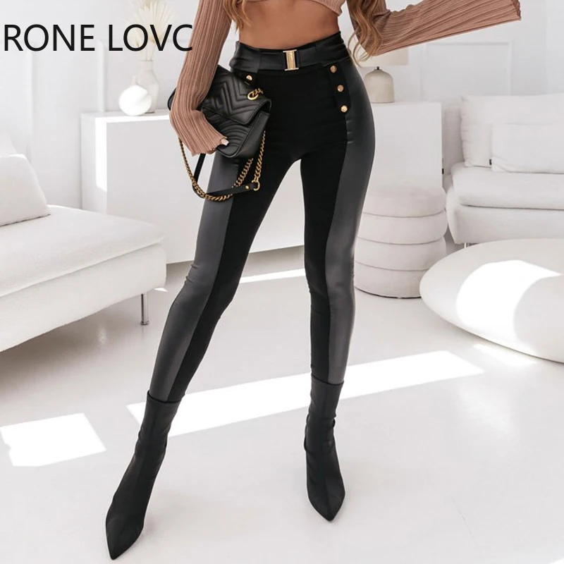 

Women Casual High Waist PU Leather Patchwork Elastic Waist Skinny Spring&Autumn Black Pencil Pants