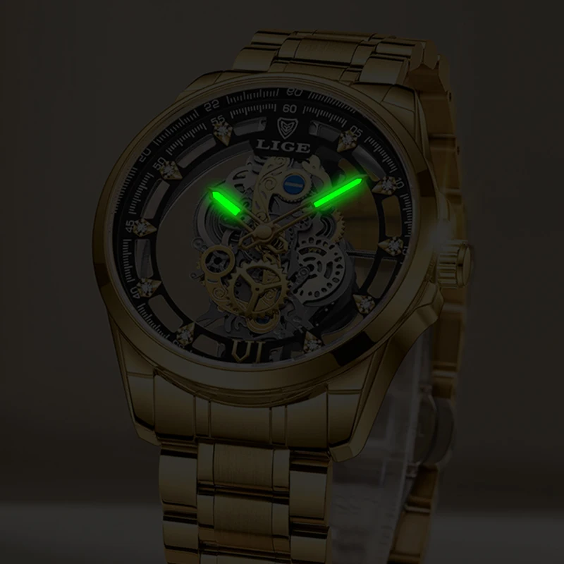 Original LIGE Men Watch Gold Stainless Steel Hollow Skeleton Quartz Watches for Men Fashion Military Waterproof Men Wristwatch