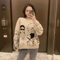 2024 Women Indie Korean Oversize O Neck Loose Pullovers Fall Winter Female Tops Y2k Charater Print Gray Long Sleeve Sweatshirts