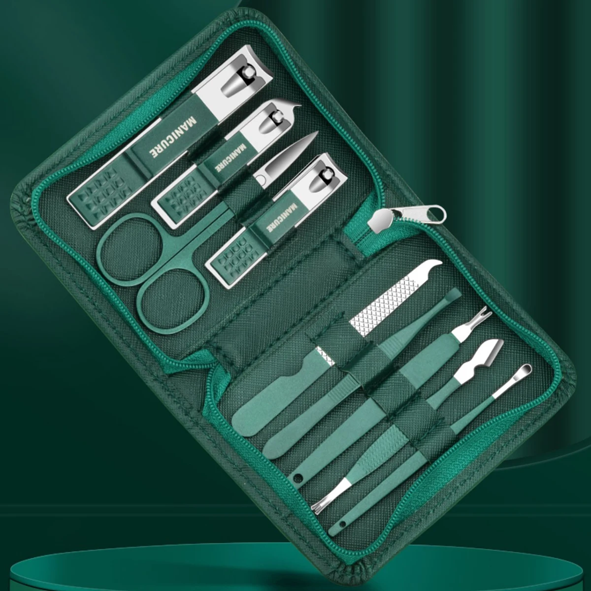 Green 9 Pcs Manicure Set With Leather Case Professional Foot And Face Care Tool Kits Stainless Steel Nail Clipper Sets Gift