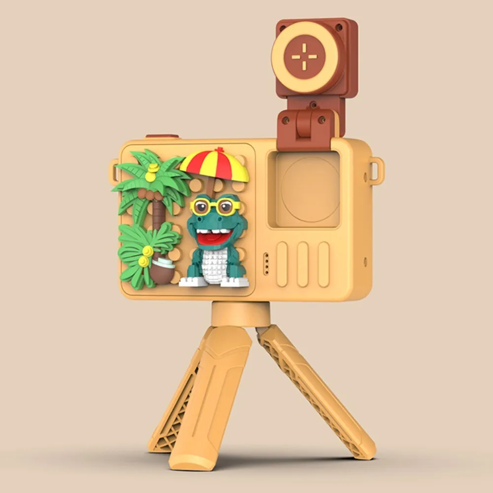 Crianças flip bloco de construção câmera 48mp hd lente flip com suporte dos desenhos animados crocodilo haste brinquedo educativo fotografia digital starter