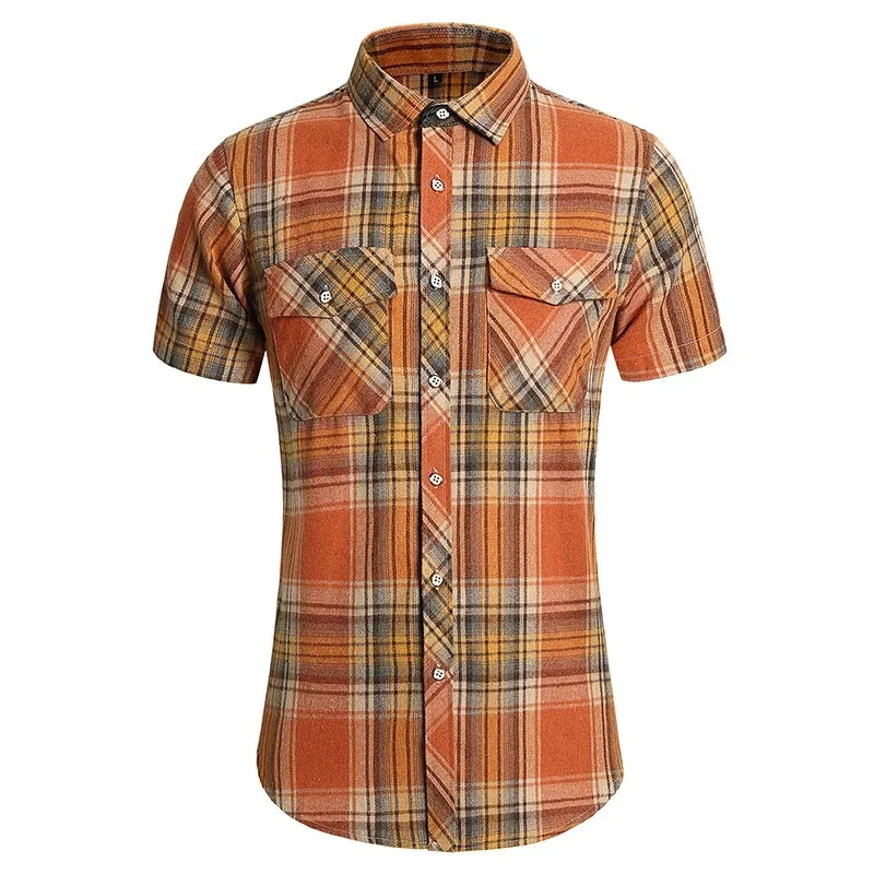 Men's Checkered Button Up Shirt Short Sleeved Casual Top Summer Double Pocket Fashionable Versatile Half Sleeve