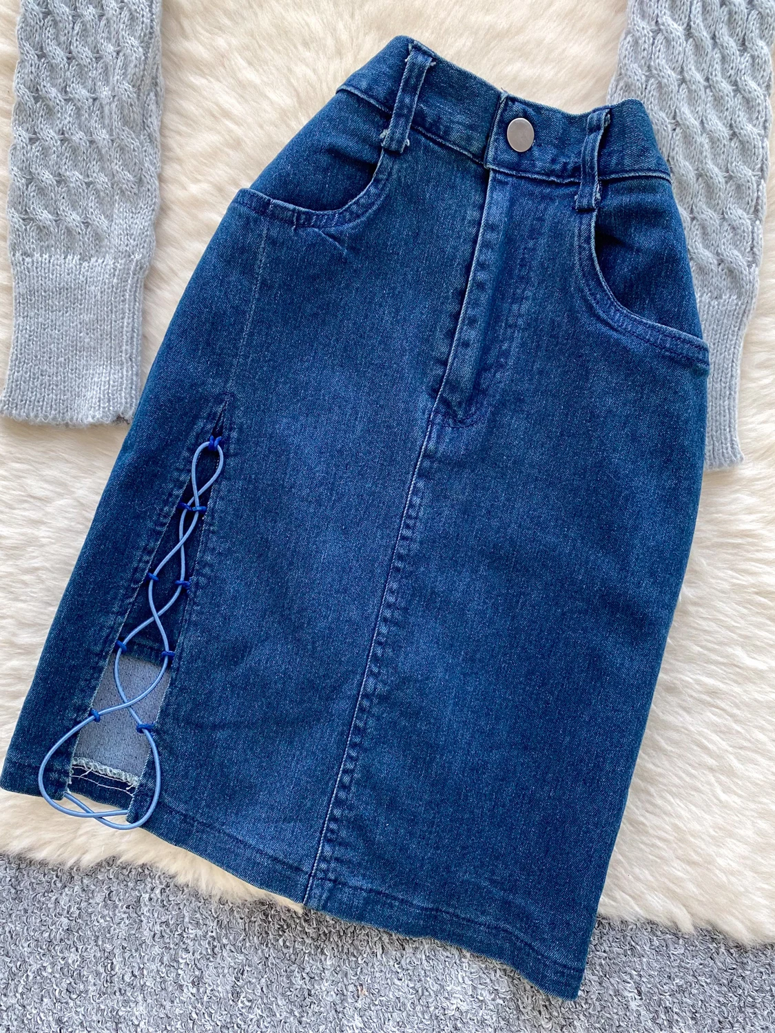 Faionable Knitted Denim Patchwork Belted Two-Piece Set Women's New Autumn High Waist Straight Leg Pants And Top Ensemble