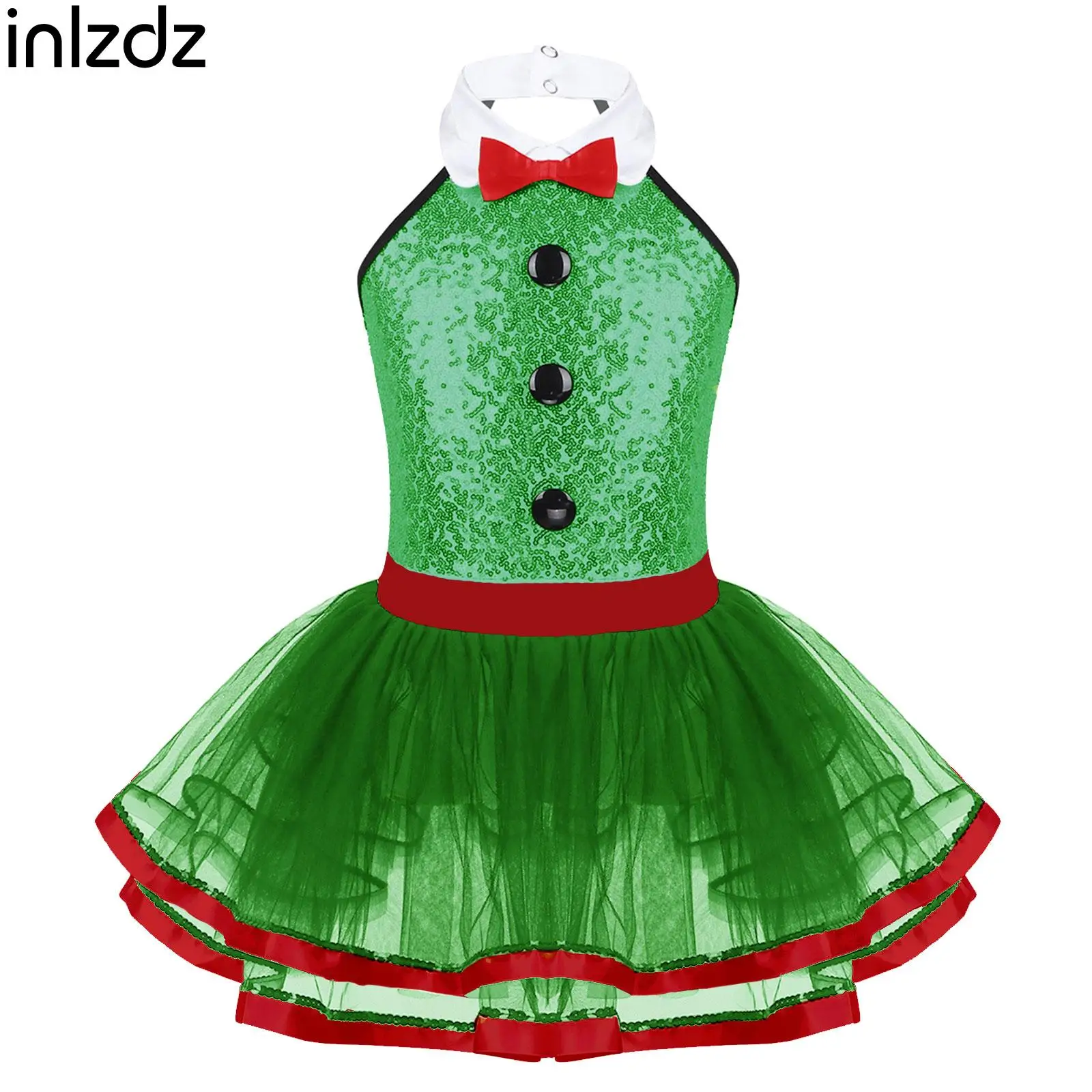 Kids Girls Christmas Santa Cosplay Dance Dress Shiny Sequins Sleeveless Tutu Dress Gymnastics Leotard Modern Dance Party Costume