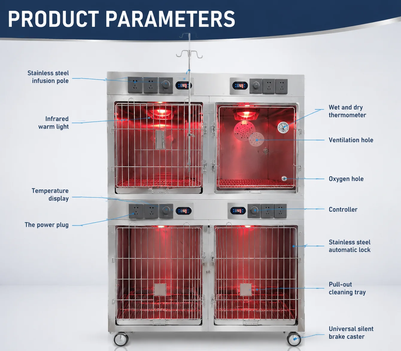 Stainless steel multi-layer pet hospital cage, veterinary rust-proof foster cage