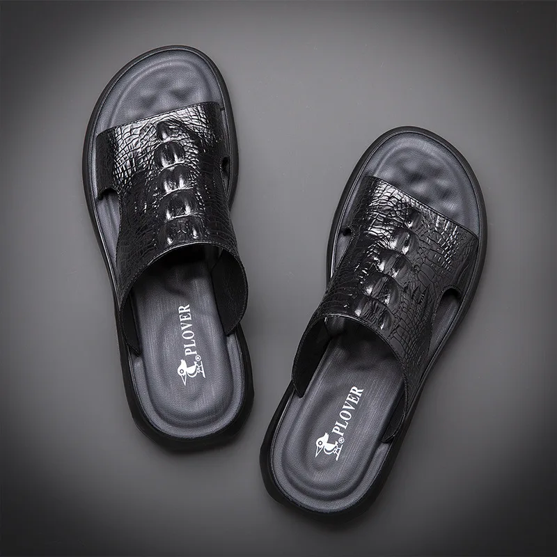 Summer New Shoes for Men Genuine Leather Sandals Classic Crocodile Print Casual Slipper Air Cushion Flip Flops Cool Beach Shoes
