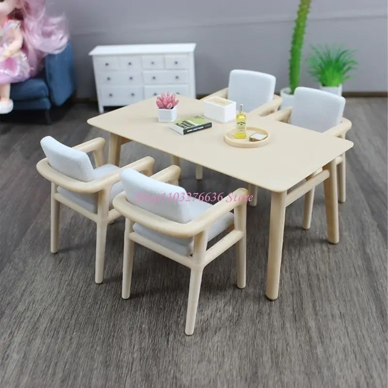 R6FD Miniatur Dollhouses Dining Set mit 4PCS -Stuhl für die Verbesserung der realistischen Skala -Szene -Display