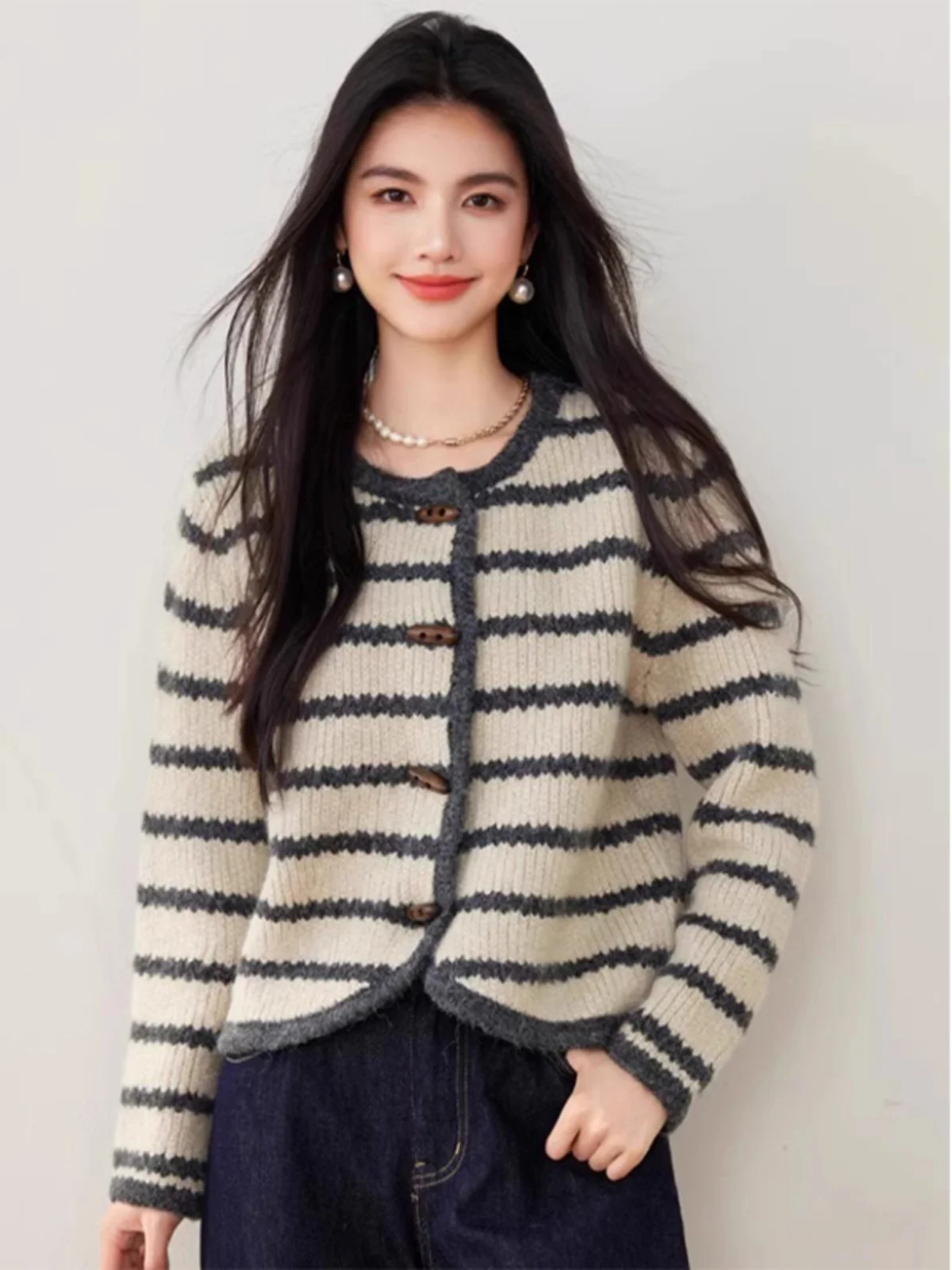 Faionable عادية مخطط الجولة Ne محبوك سترة مفتوحة سترة المرأة الخريف الشتاء جديد Sle اللون بلو شريطية #5