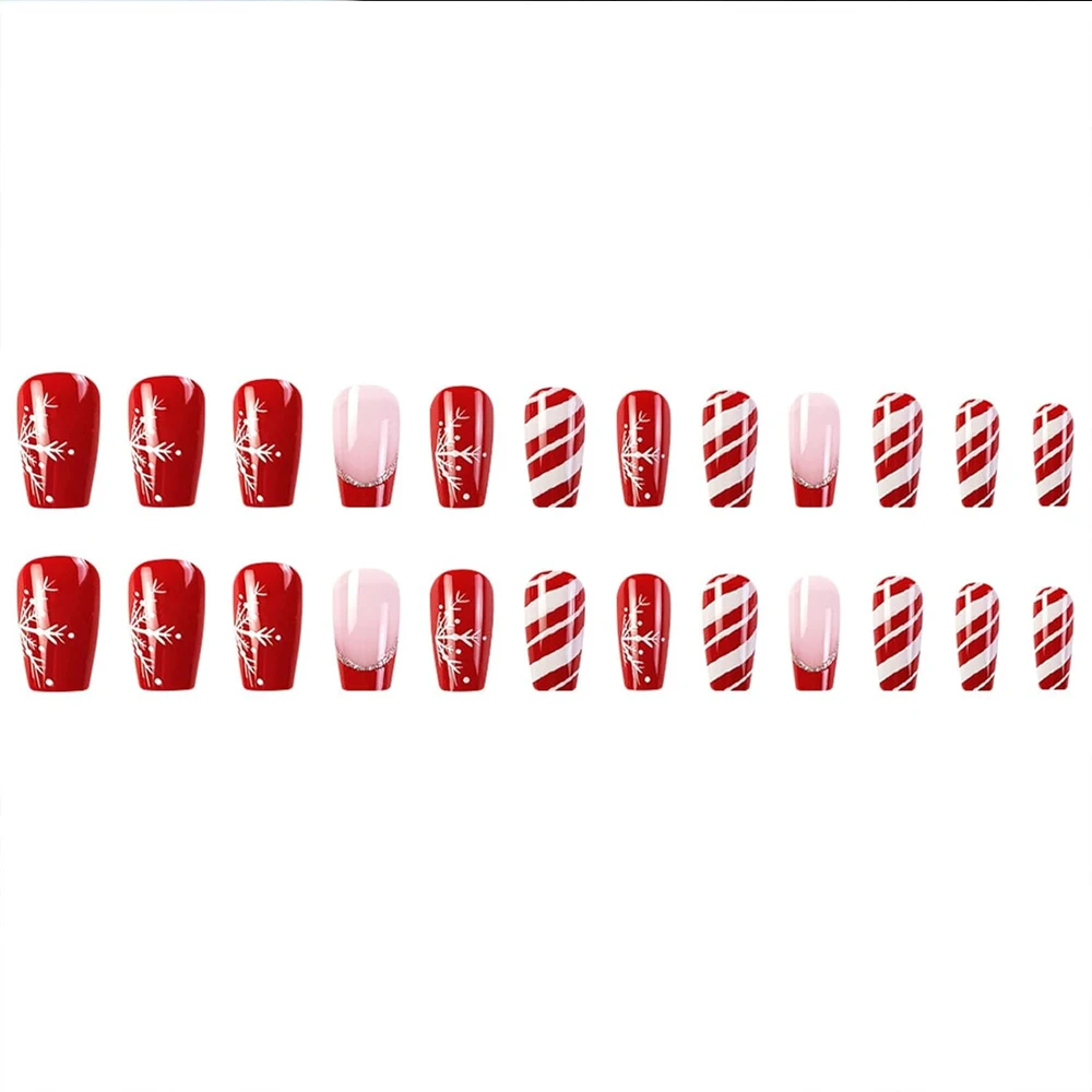 24pcs Red French Glitter Snowflake Fake Nails For Christmas 3D Red White Lines Design Press On Nails Short Coffin For Women Deco