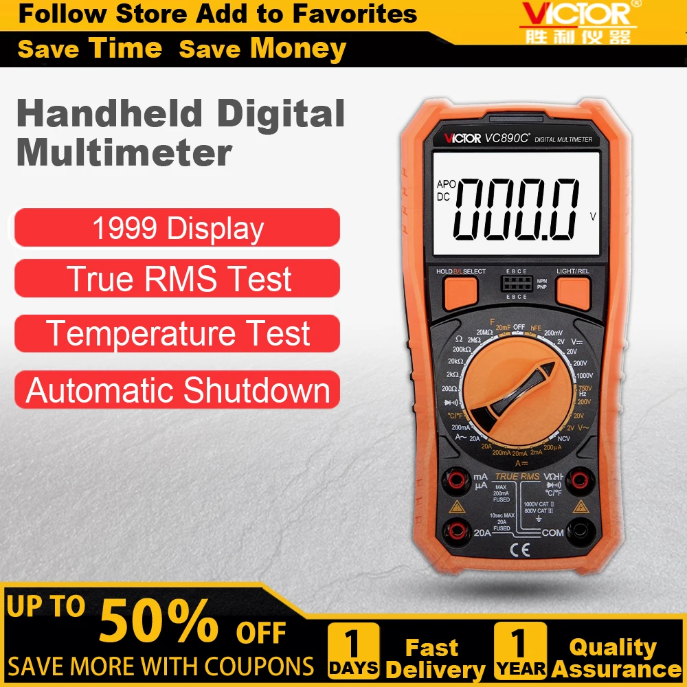 

VICTOR VC890C+ Digital Multimeter 2000 Counts Manual Range True RMS Capacitance Resistance Transistor 1000V 20A