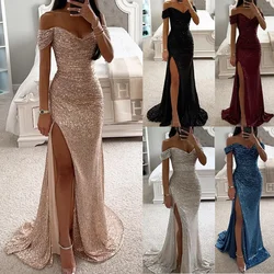 Women New Party Sequins Strapless Split Dress Casual Fashion Dress Solid Color High Waist Floor Length