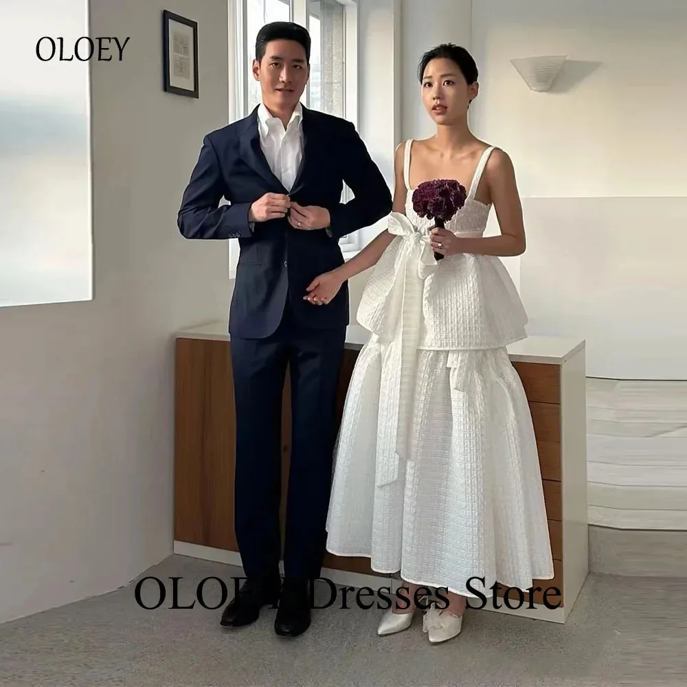 Oloey Korean Wedding Dresses Square Neck Waffle Tiered Ankle-Length Bridal Party Dress Customized Wedding Snap Dresses