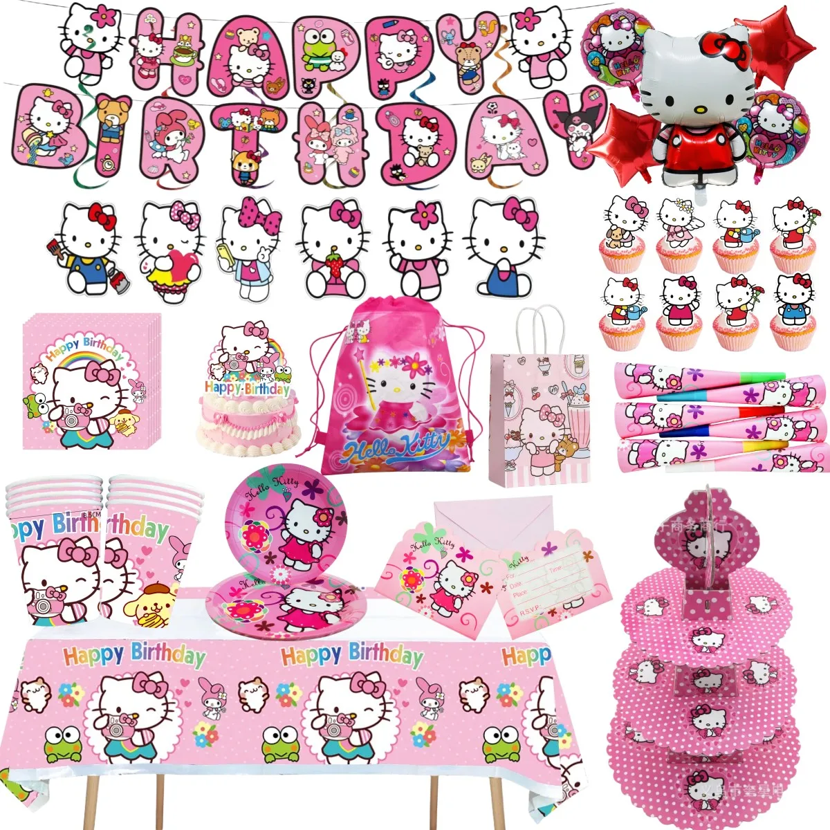 Hello Kitty Sanrio Themed Cartoon Balloons Birthday Party Decorations Disposable Tableware Banners Cake Racks Environmental Bags