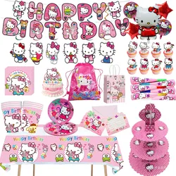 Hello Kitty Sanrio Themed Cartoon Balloons Birthday Party Decorations Disposable Tableware Banners Cake Racks Environmental Bags