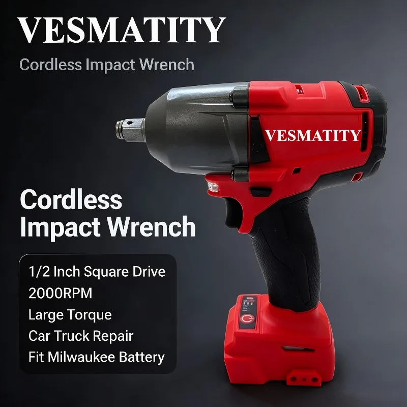 Cordless Impact Wrench 1/2 Inch Square Drive 2000RPM Large Torque Car Truck Repair Power Tool Fit Milwaukee Battery
