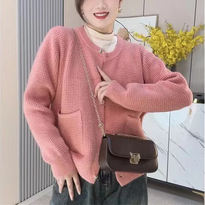 Temperament O-Neck Short Waffle Sweater Autumn/Winter French Elegant Long Sleeve Knitted Cardigan Women's Solid Versatile Coat