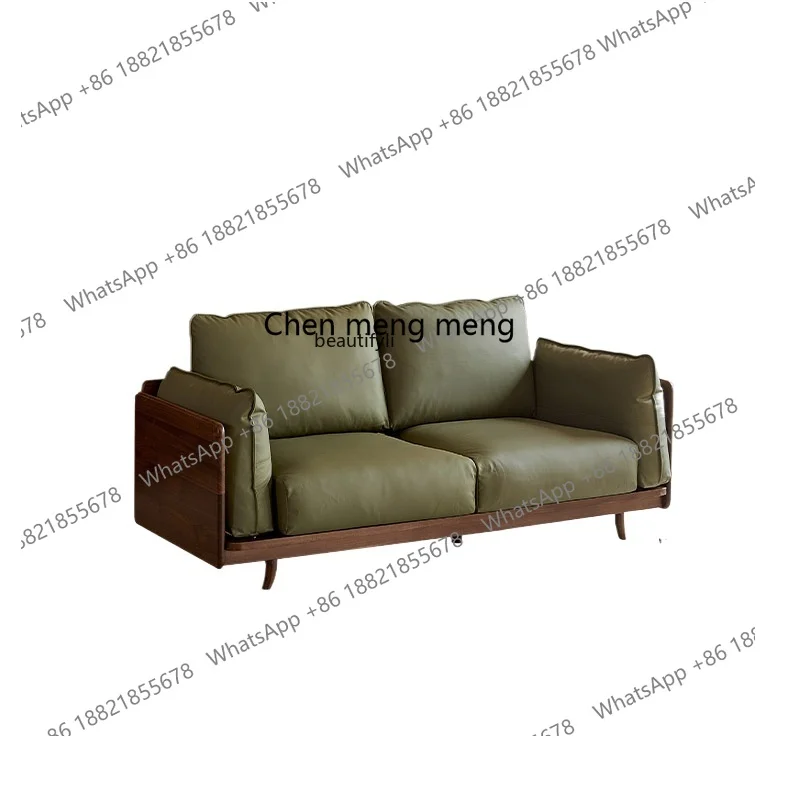 Nordic solid wood leather sofa black walnut sofa small apartment three-person straight sofa