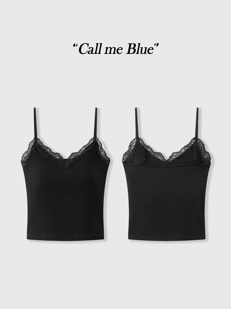 

Blue Slim Fit Lace Patchwork V-ne Self-contained Chest Pad Strap Vest Casual Sle Cotton Blend with Elastic Fiber