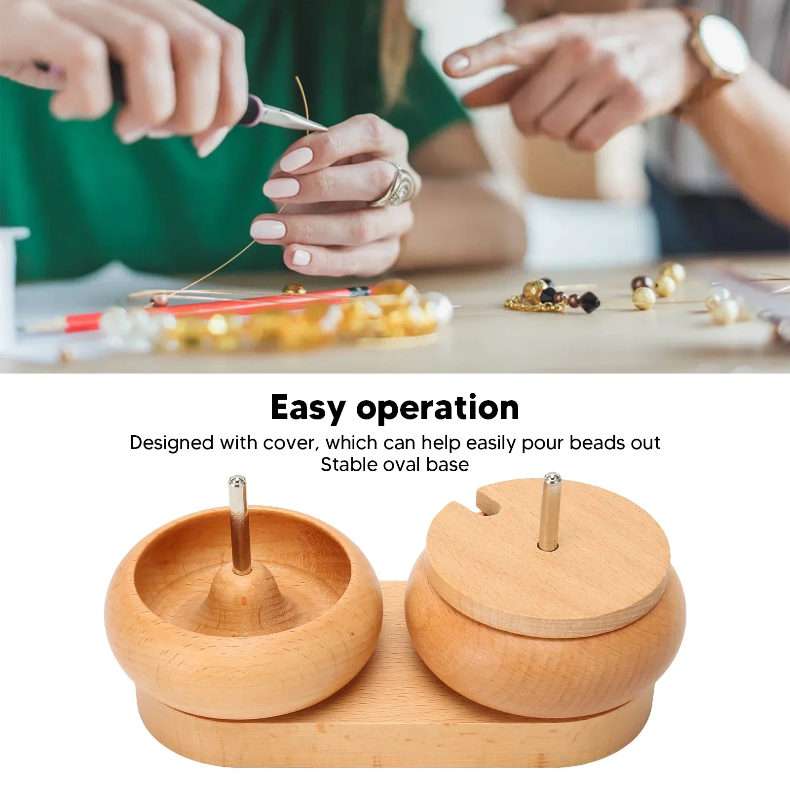 Bead Spinner Bowl Polished Wood Cover Metal Shaft Stable Oval Base Bead Maker For Jewelry Making DIY Stringing Bead Loader