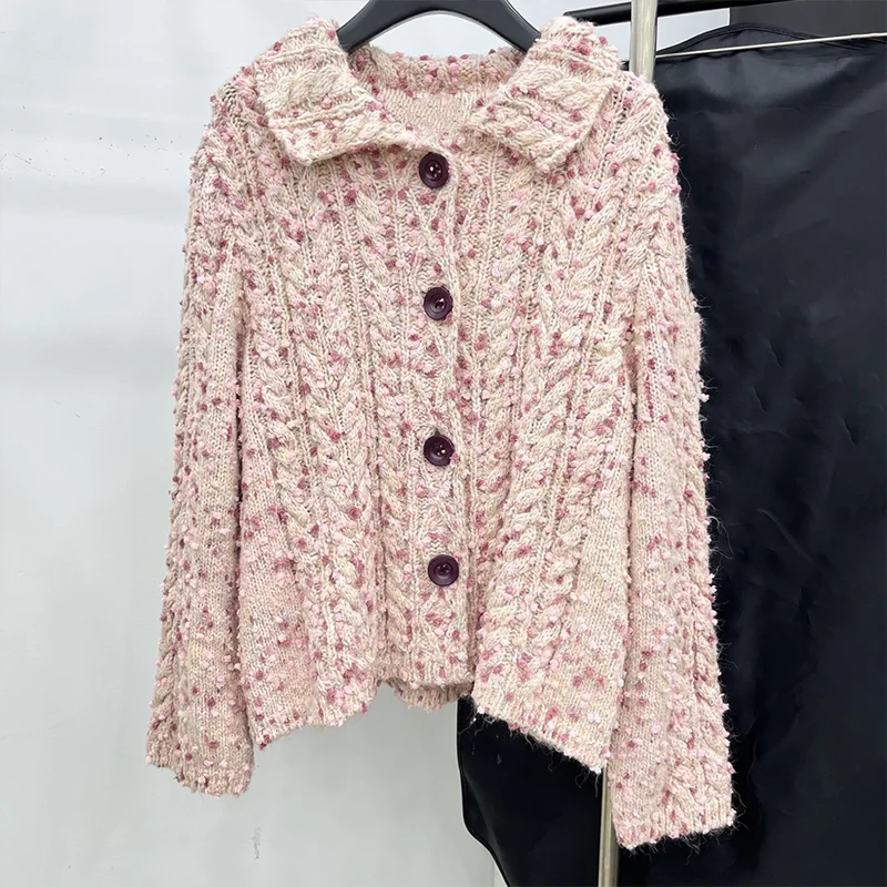

High-quality 3D three-dimensional small fluffy ball embellished women's cardigan with a turned-down collar 25100891