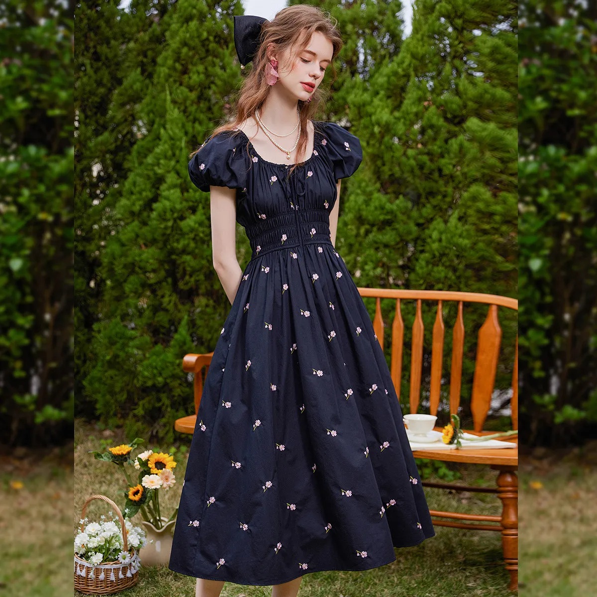 LOUIS YAO 2025 Summer Simple Square Neck Style Fashionable Non Elastic Cotton Embroidered Slimming Long Women's Dress