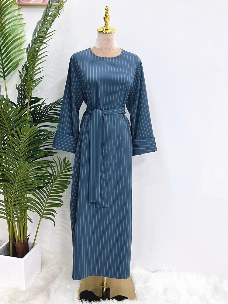 Muslim dress for women, abaya, Turkish, Eid abaya, abaya, abaya, solid stripe, long sleeve, round collar, with pockets