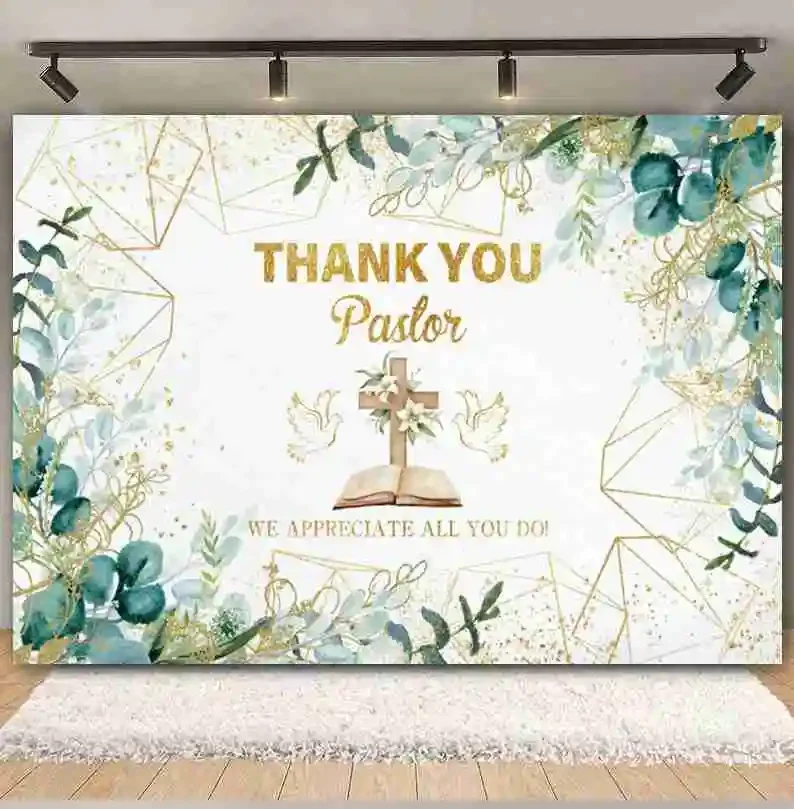 First Holy Communion Backdrop Thanks Pastor God Bless Green Leaf Cross Boy Girl Baby Baptism Party Decor Photography Background