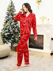 Women's 2 Piece Red Snowflake Christmas Pajama Set Christmas Long Sleeve Button Up Shirt + Pants Set Pajamas Lounge Wear