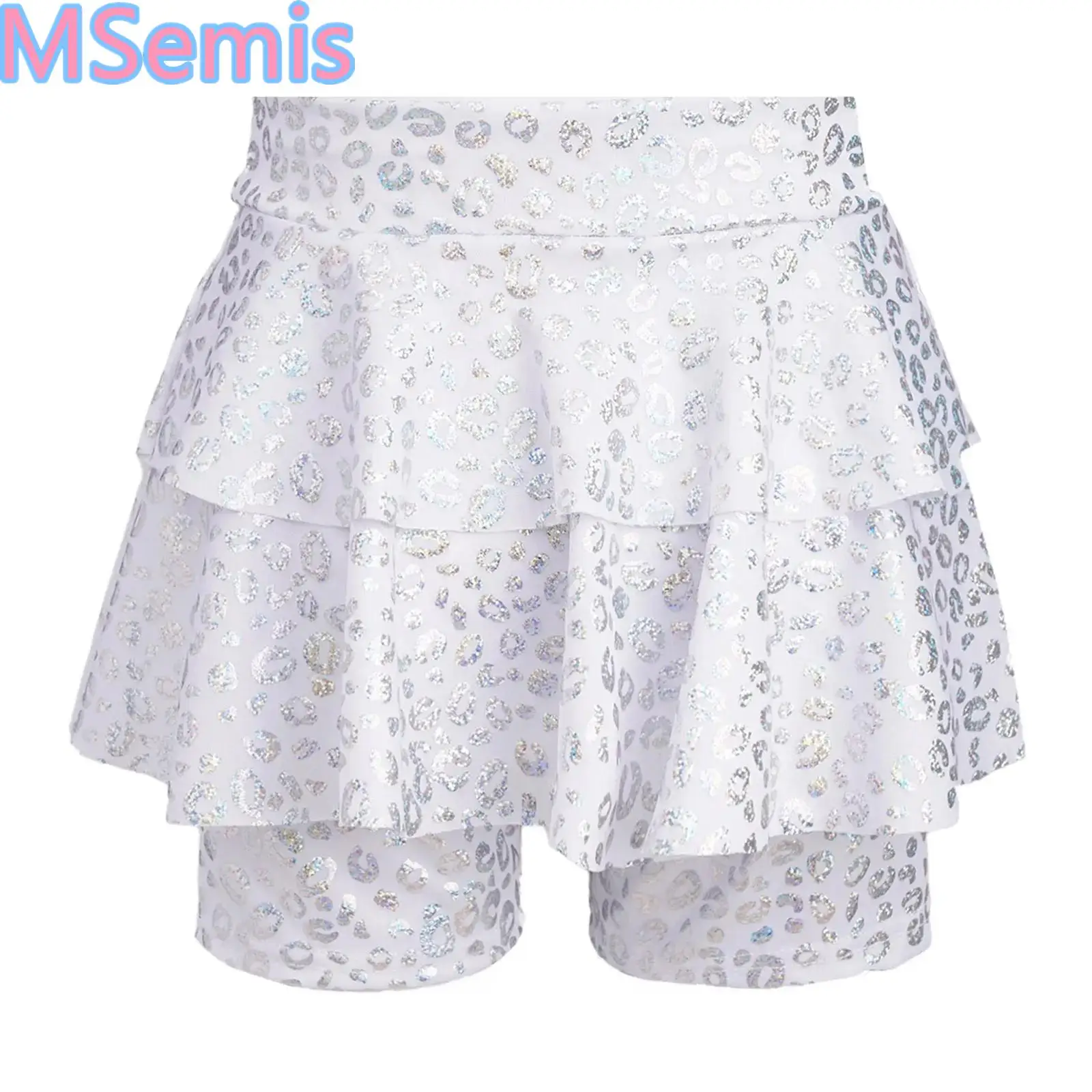 

Kids Girls Print Dance Skirted Shorts Metallic Leopard High Waist Elastic Waistband Culotte for Jazz Cheerleading Performance