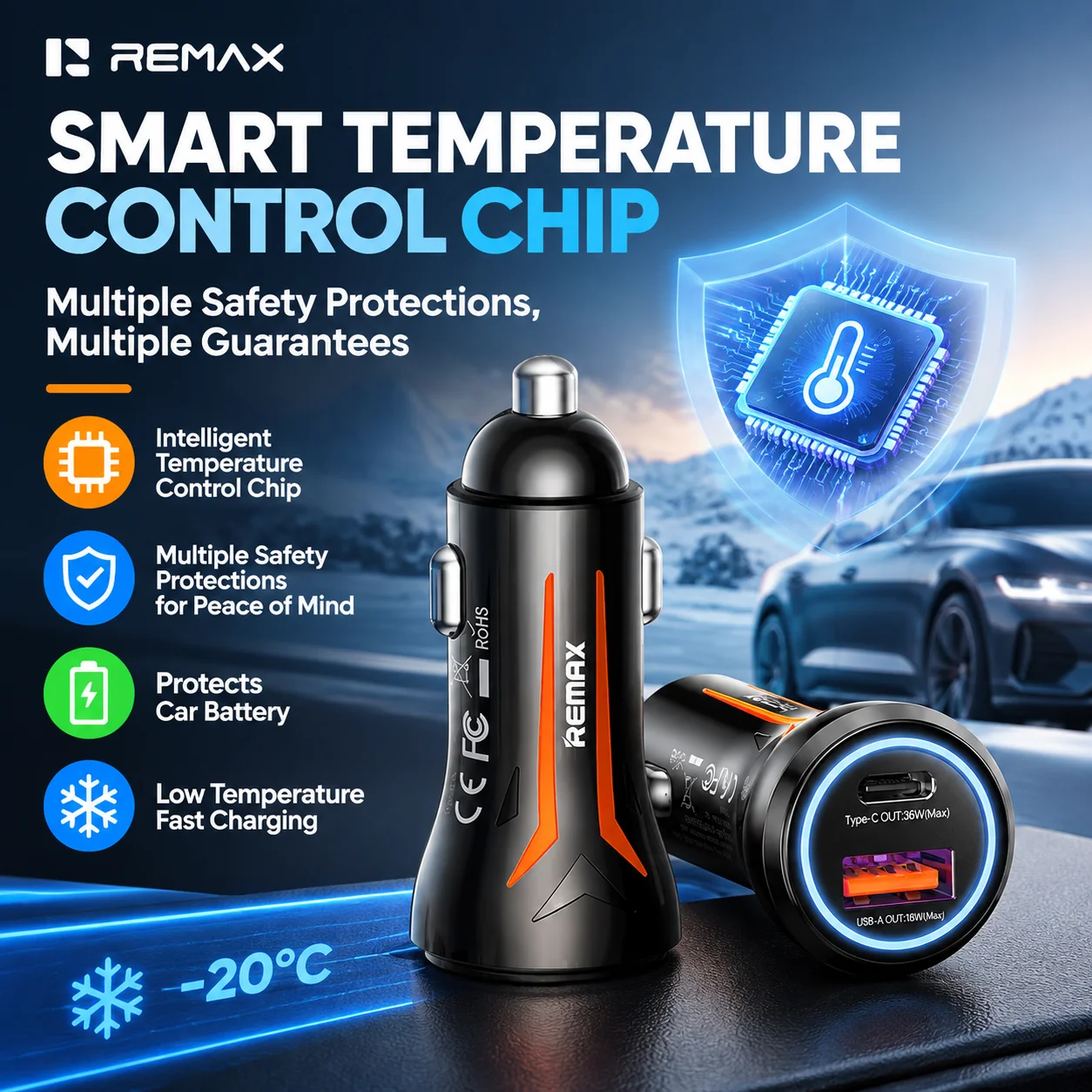 REMAX 54W Zinc Alloy Dual Port Fast Car Charger PD36W QC18W USB A Type C Multi Protocol LED Light For Laptop Tablet Phone