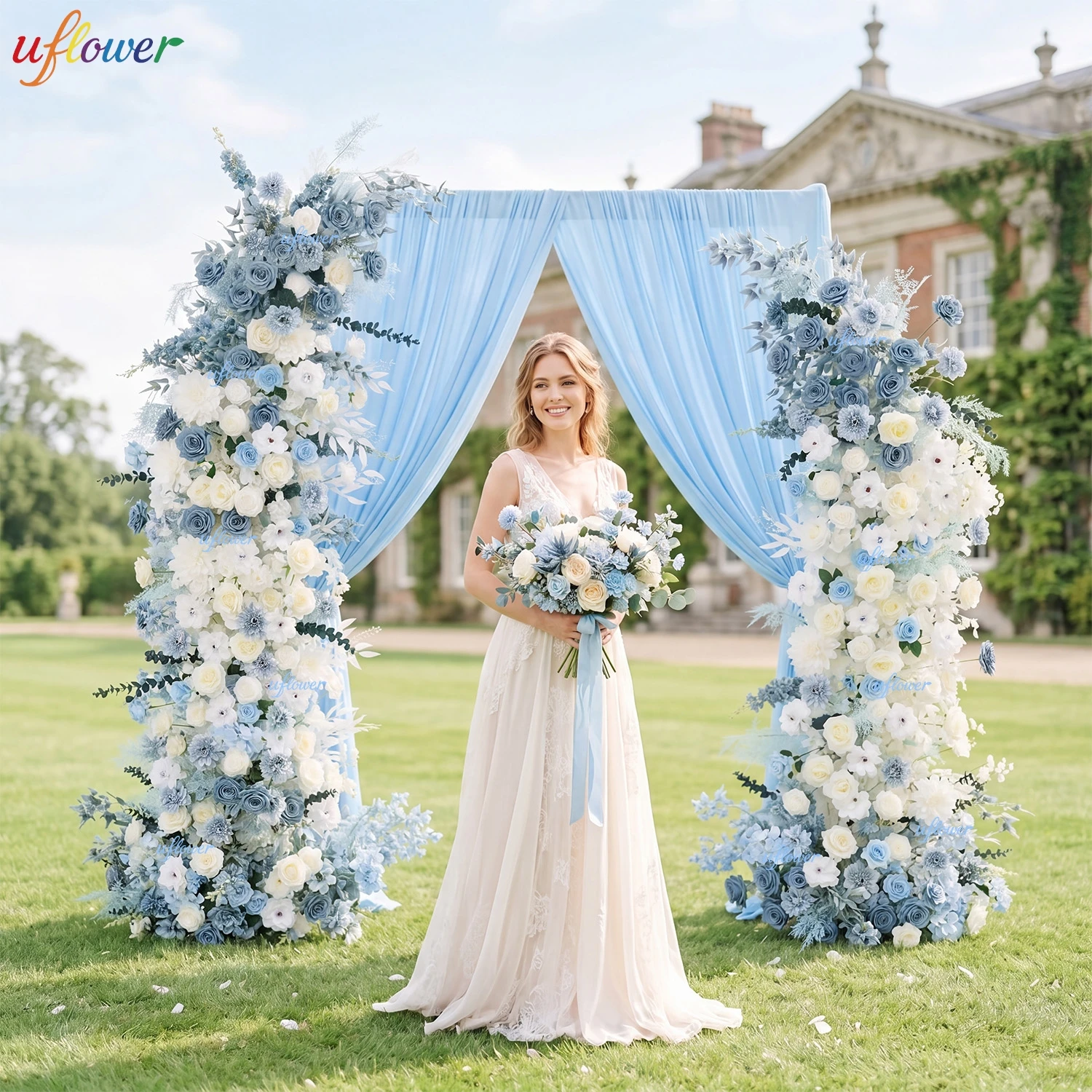 

Uflower Romantic Silk Arch Flower Blue White Artificial Rose Orchid Hydrangea Floral Row for Outdoor Wedding Ceremony Backdrop