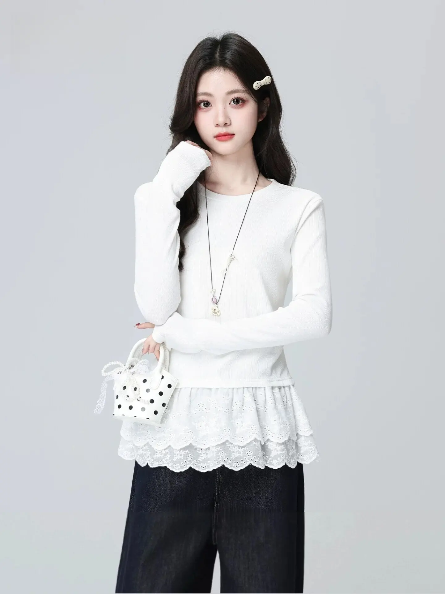 Lace Splice Long Sleeve round Neck T-Shirt Women's Spring Autumn 2026 New Style Cotton Blend Base Shirt Inner Wear Top