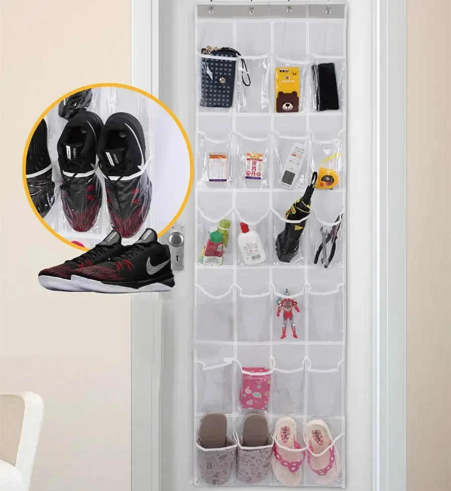 24 Grids Wall-mounted Sundries Shoe Organiser Fabric Closet Bag Storage Rack Mesh Pocket Clear Hanging Over The Door Cloth Box