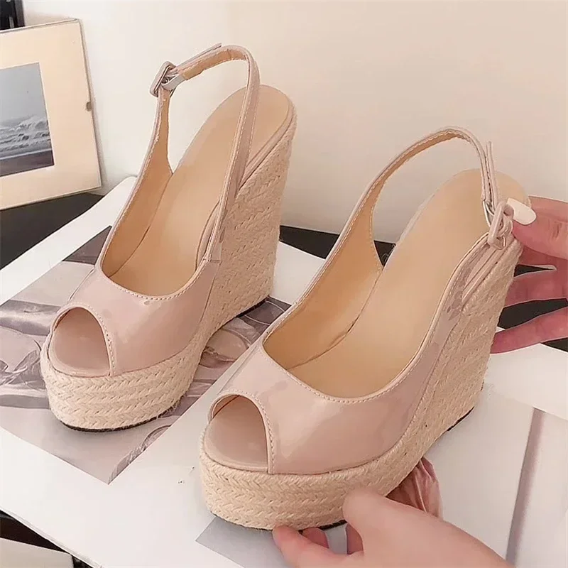 Eilyken Summer Peep Toe Wedges Platform Women's Sandals Designer Straw Weave Buckle Strap High Heels Banquet Party Shoes