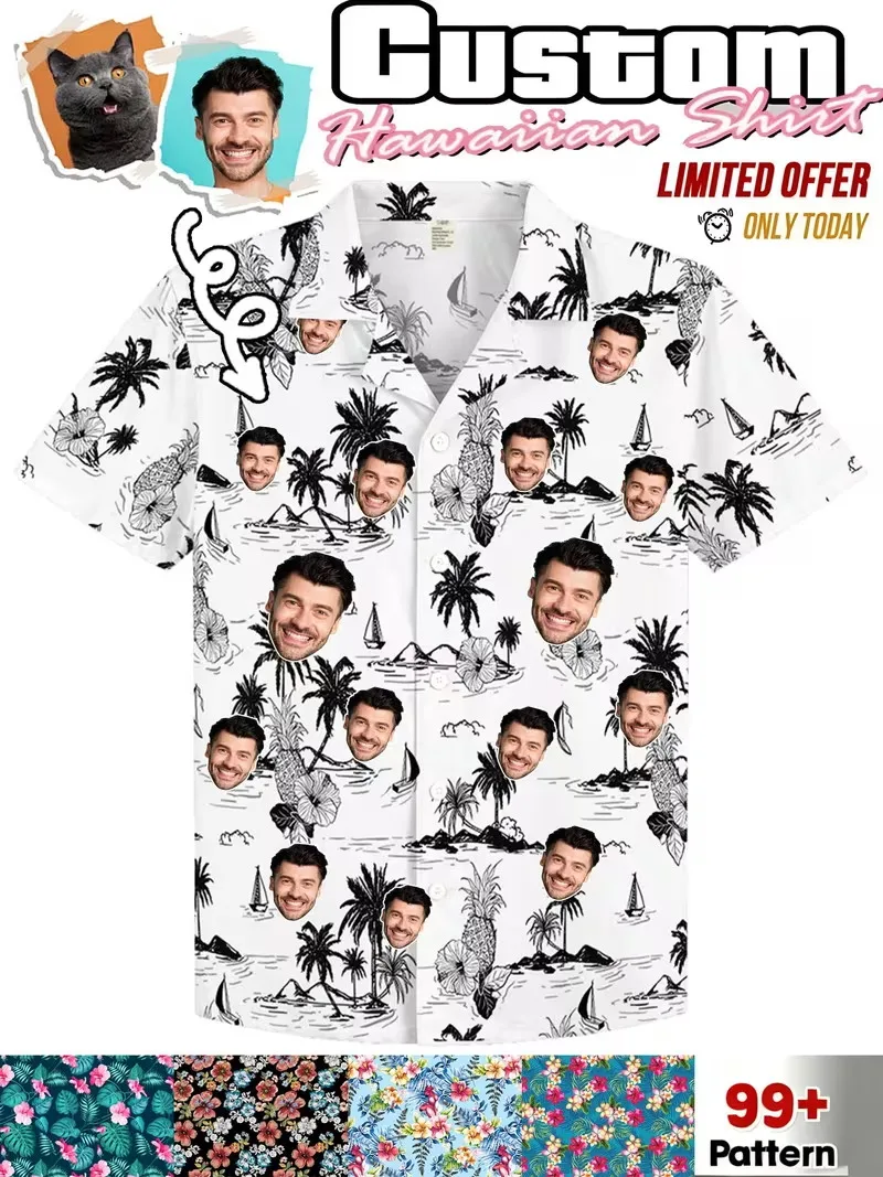 

Custom Photo Hawaiian Shirt For Men And Women Casual Button Short Sleeve Beach Surfing Shirt Lapel Collar Holiday Tropical Shirt