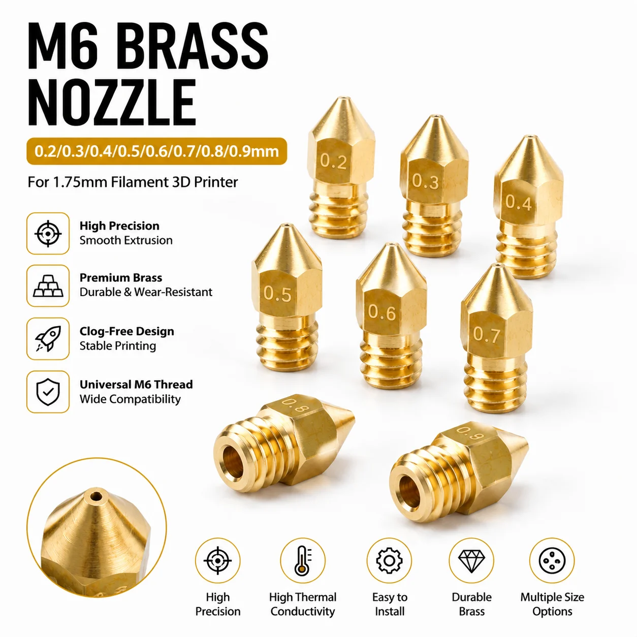 Universal M6 Brass Nozzle 0.4mm for 1.75mm Filament 3D Printer, Precision Extrusion Nozzle