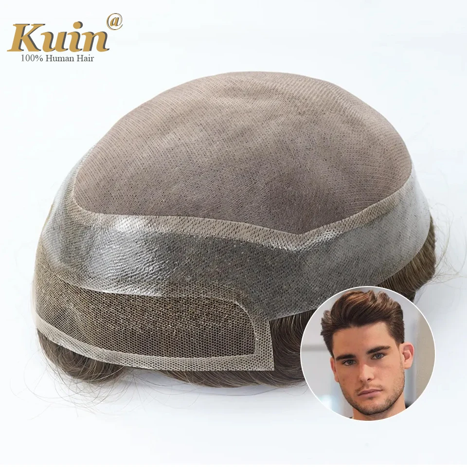 

Swiss Lace Front & Top With PU Base Human Hair Unit Hair Replacement System Unit For Men Brown Color Way Mens Wig Toupee
