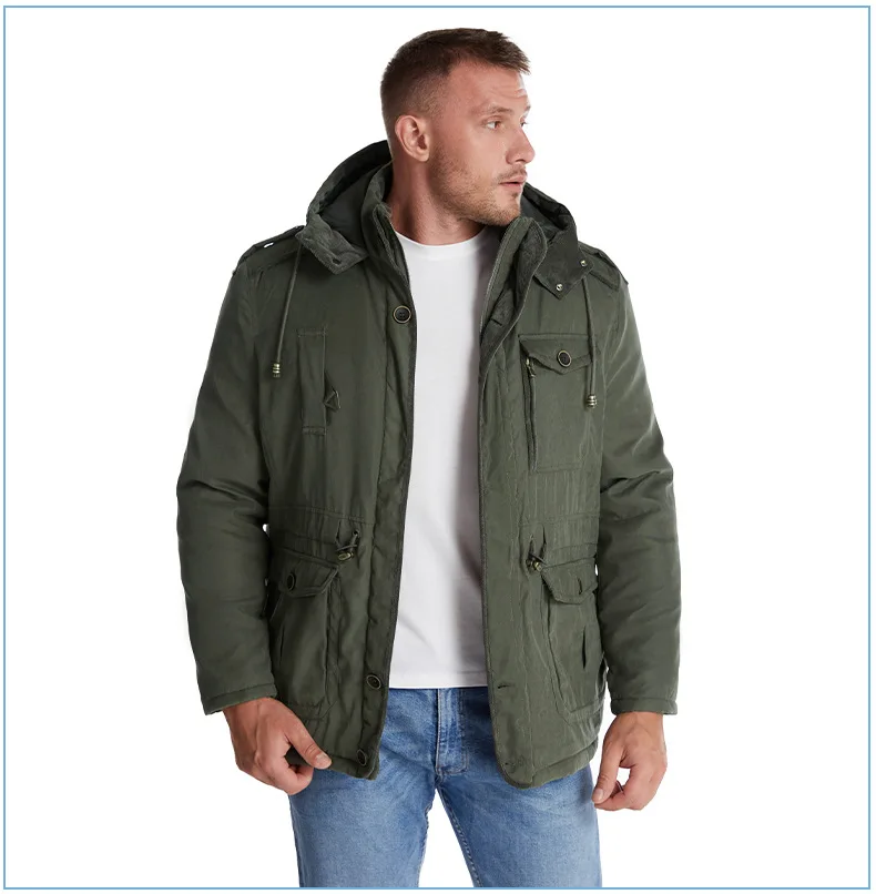 Men Oversized Hooded Lamb Fleece Parkas Men Thick Multi Pocket Mid Length Outerwear Winter Thick Parkas Males Thermal Parkas