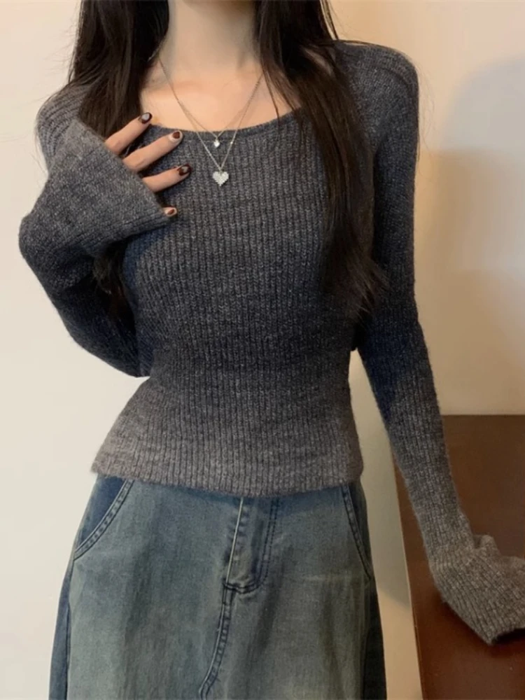 Korean Elegant Sweet Gradient Bandage Sweaters Y2k Knitted Vintage  Jumpers Autumn Women Flare Sleeve Cropped Pullovers