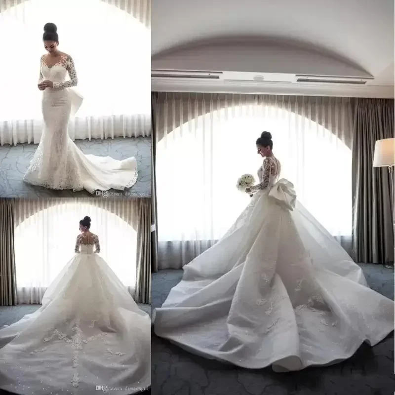 

Customized Arabic Gorgeous Mermaid Wedding Dresses With Detachable Long Train Illusion Long Sleeves Beaded Full Lace Bridal Gown